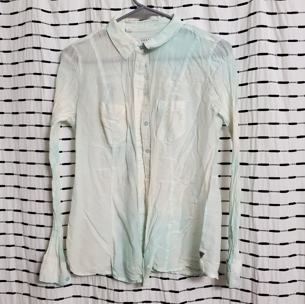 Guess See Through Blue Dyed Button Up